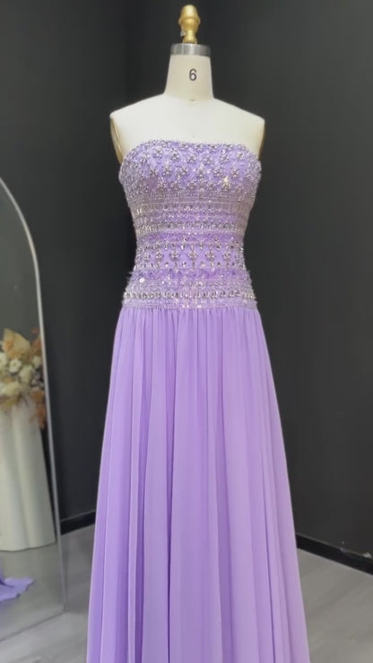 Strapless Lavender Evening Dress with Crystal and Beaded Embellishments