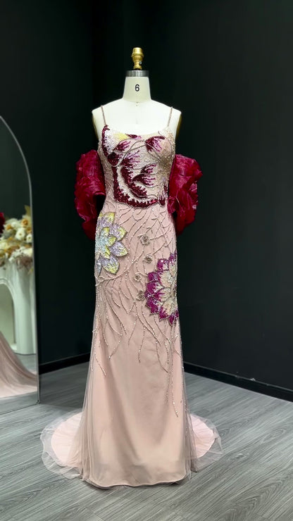 Pink Beaded Gown with Floral Embroidery and Burgundy Shoulder Shawl