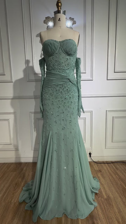 Sage Green Embellished Gown with Coordinated Gloves
