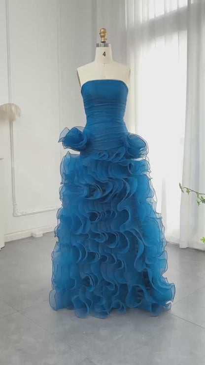 Blue Strapless Princess Evening Dress with Ruffles