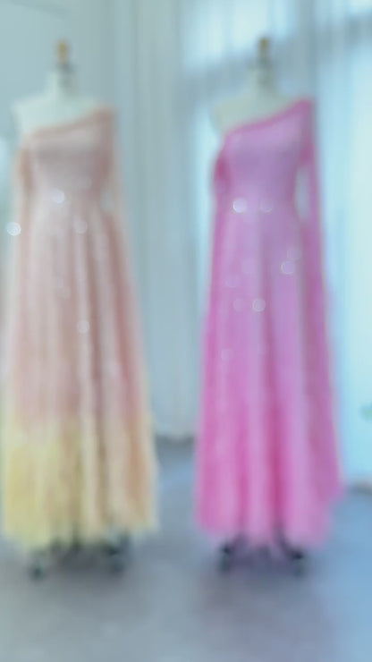 Luxury Feather One Shoulder Evening Dress with Cape Sleeve