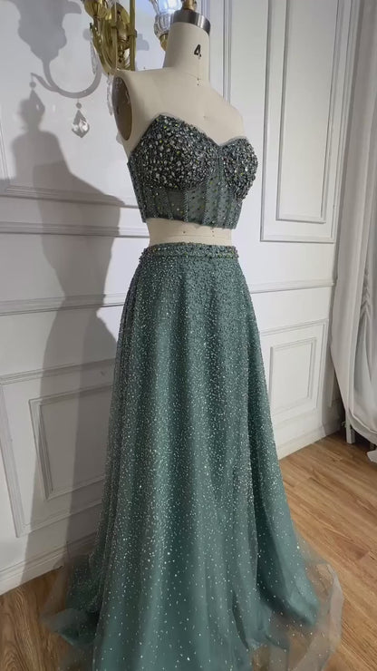 Turquoise Emerald Two-Piece Beaded Gown – Strapless Formal Evening Set