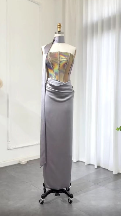 Elegant Strapless pink-Gray Satin Evening Dress with Scarf Luxury Crystal