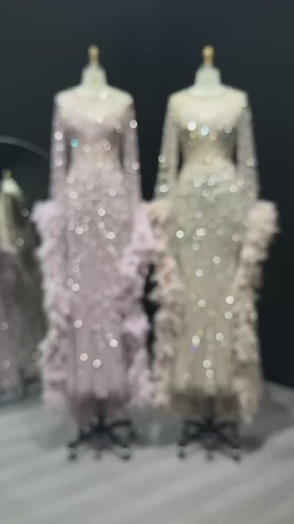 Luxury Caramel Beaded Mermaid Evening Dress with Feather Cape Sleeves