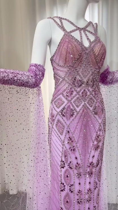 Luxury Lilac Evening Dress with Gloves Cape Sleeves Long Straight