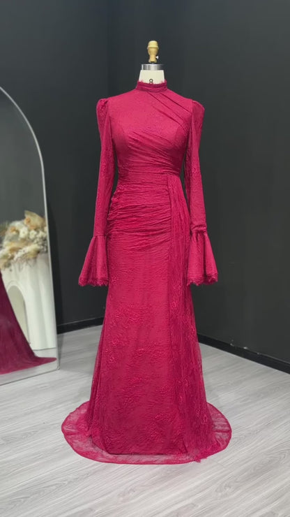 Burgundy High Neck Evening Dress with Lace Long Flare Sleeves