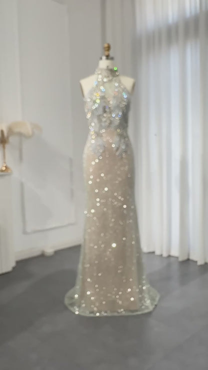 Halter Silver Nude Beaded Luxury Evening Dress
