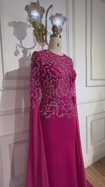 Fuchsia Mermaid Evening Dress, Beaded with Elegant Cape Sleeves
