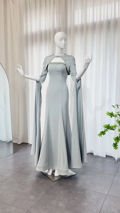 Sage Green Evening Dress with Cape Sleeves