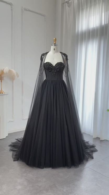 Gothic Tulle Evening Dress with Cape Sleeves Elegant