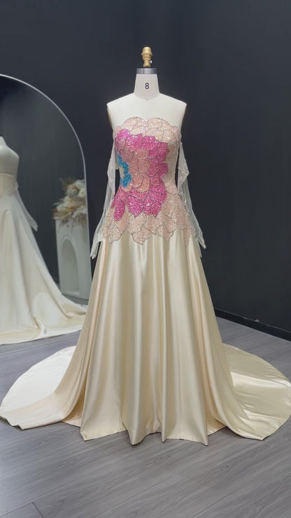 Elegant Satin A-Line Gown – Strapless Floral Beaded Bodice with Sheer Gloves