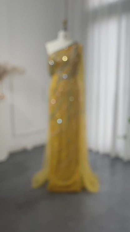 Luxury Gold Yellow Evening Dress with Cape One Shoulder