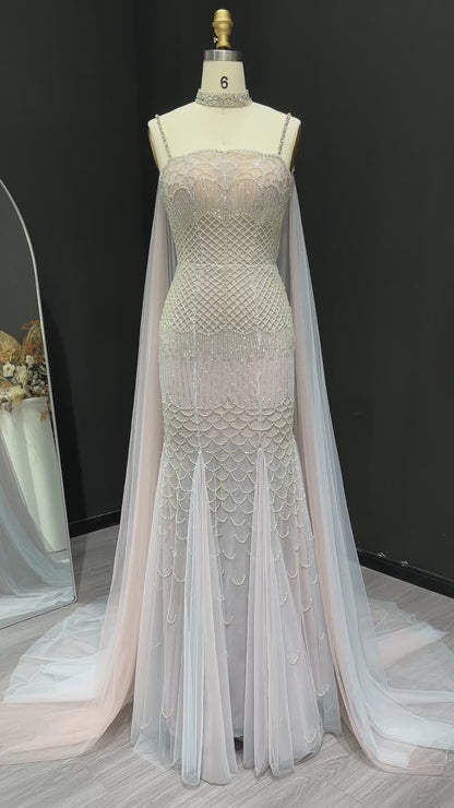 Elegant Beaded Lotus Pink Mermaid Evening Gown with Sheer Cape