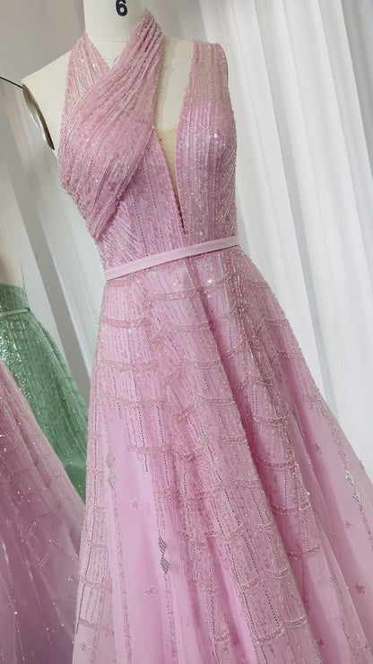 Elegant Pink Beaded Ball Gown – Sparkling One-Shoulder Formal Dress