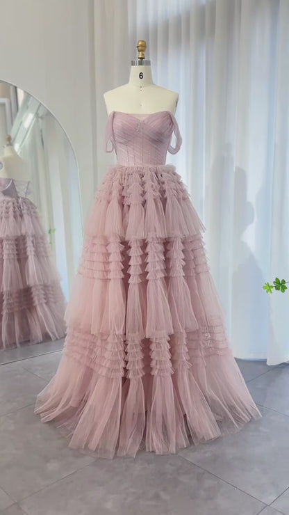 Blush Pink Off Shoulder Ruffles Evening Dress