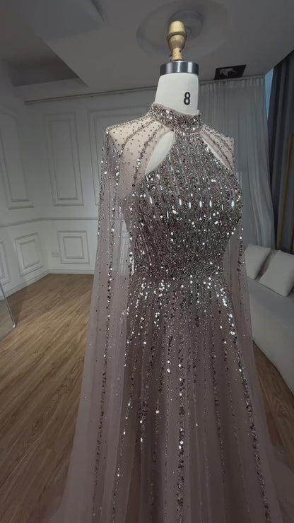 High-Neck Evening Gown with Sparkling Tulle Cape