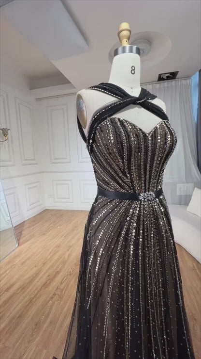 Black Sleeveless A-Line Luxury Beaded Evening Dresses