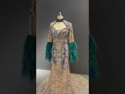 Hand-Embroidered Crystal & Feather Trim Couture Gown