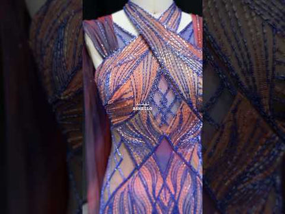 “Sunset Glow” Gown Hand Embroidered Luxury Dress in Violet & Fire Tones with Flowing Cape