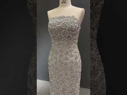 Scalloped Crystal-Encrusted Silver Couture Gown
