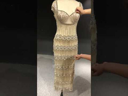 Tiered Crystal-Fringed Champagne Couture Gown